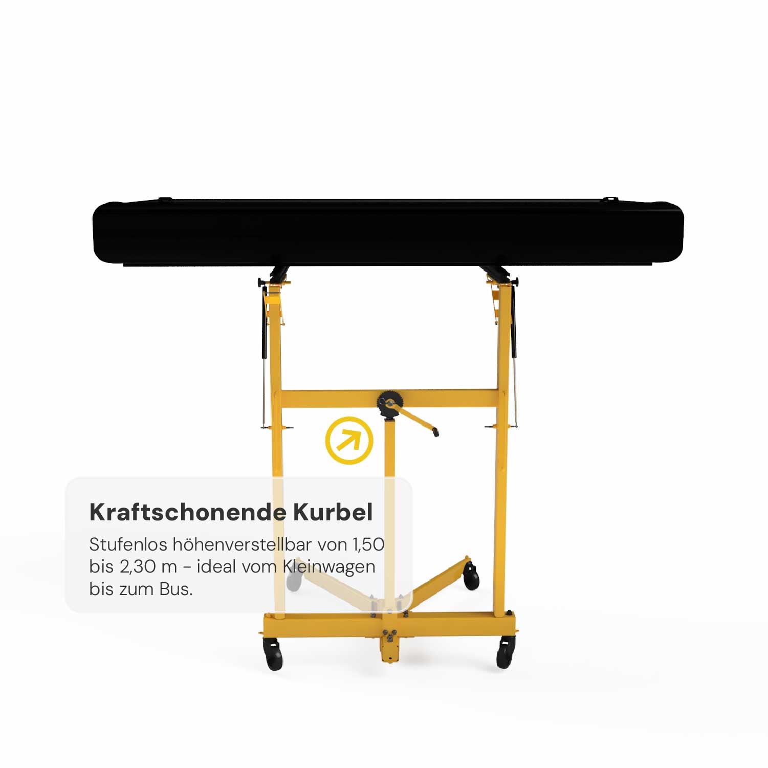 Nahaufnahme der Kurbel zur einhändigen und stufenlosen Höhenverstellung des Lifts von 1,50 m bis 2,30 m.