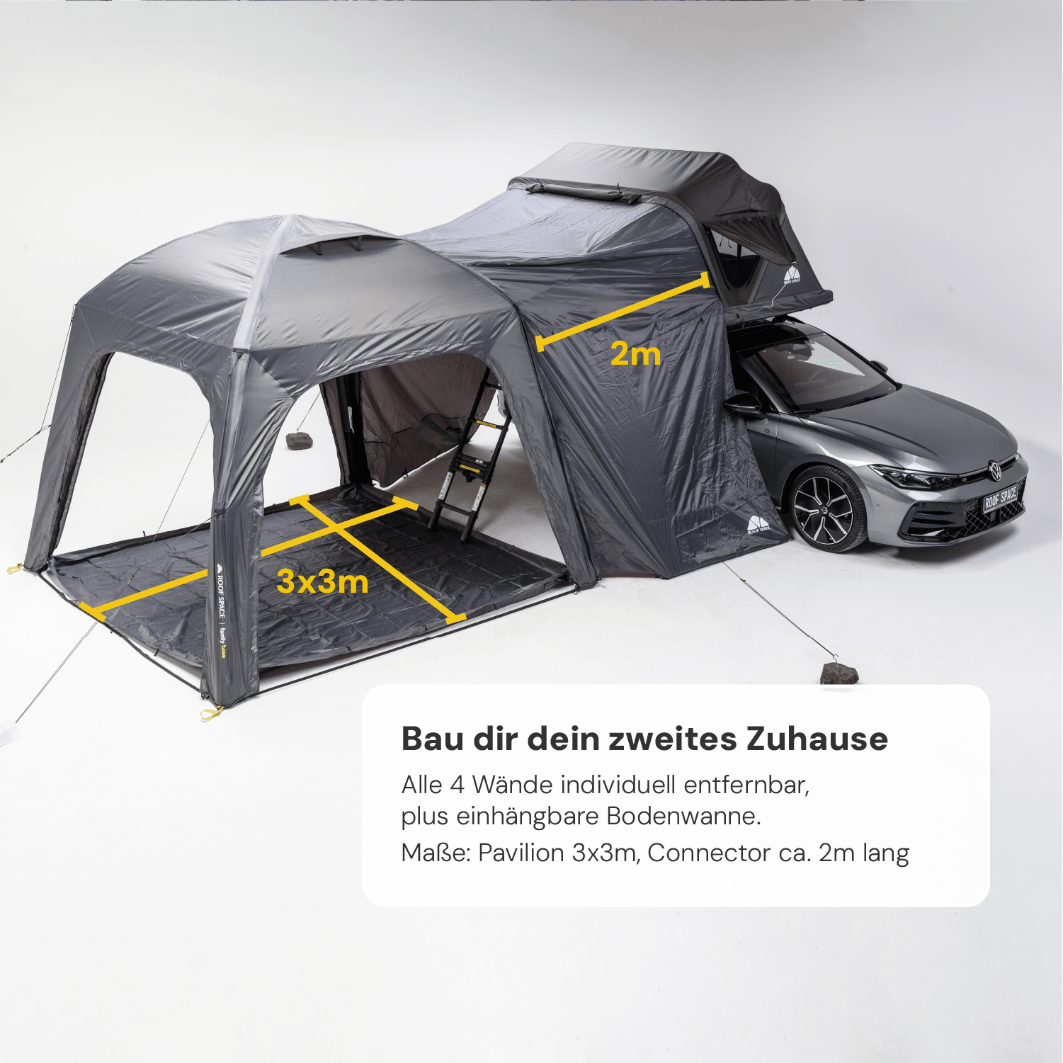 Ein graues Auto mit Dachzelt, verbunden mit einem 3x3m grauen Pavillon. Gelbe Markierungen zeigen die Maße. Text: "Bau dir dein zweites Zuhause".