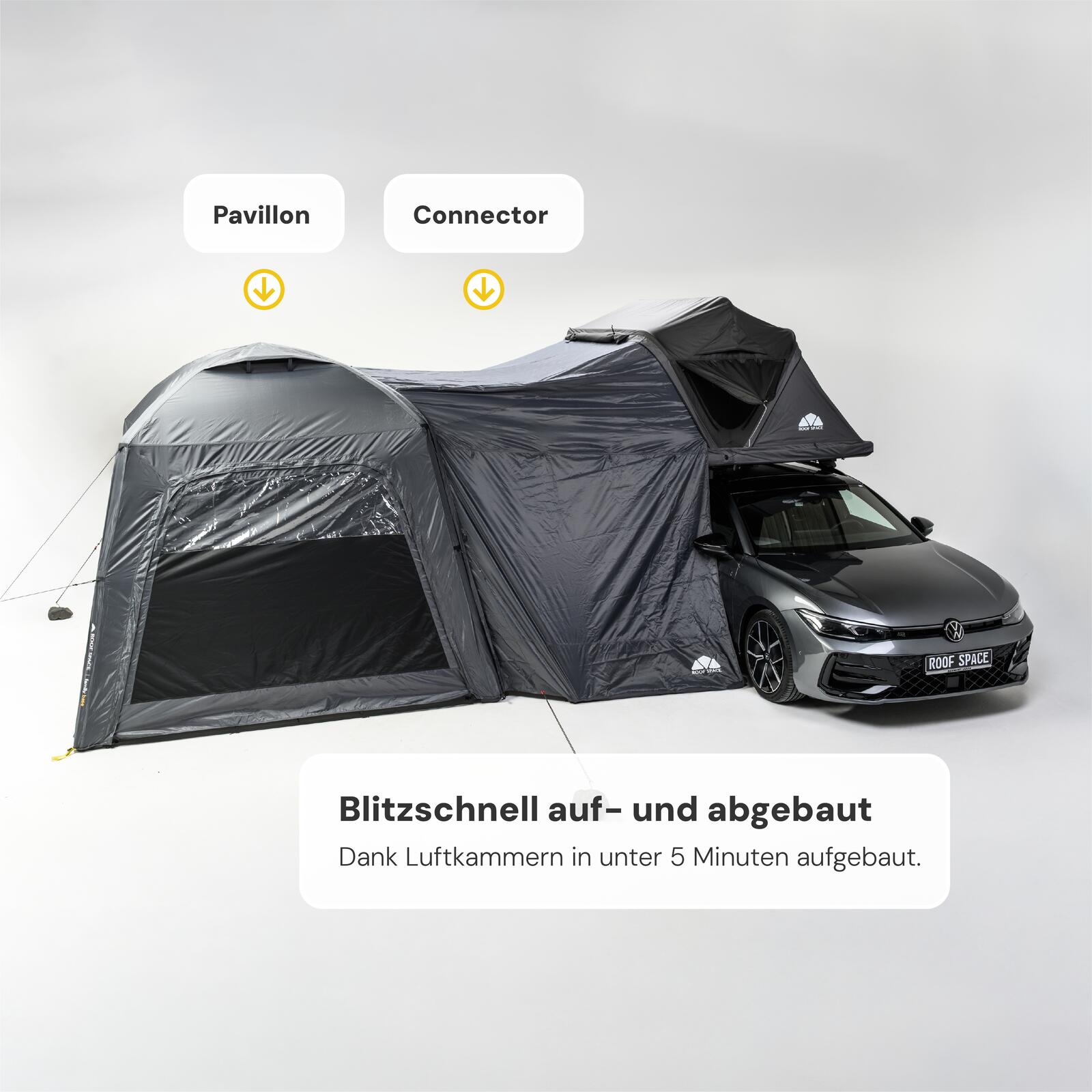 Freistehendes Family Base Vorzelt, das über einen wetterfesten Connector direkt mit dem Roof Space Dachzelt verbunden ist. In wenigen Minuten blitzschnell aufgebaut.