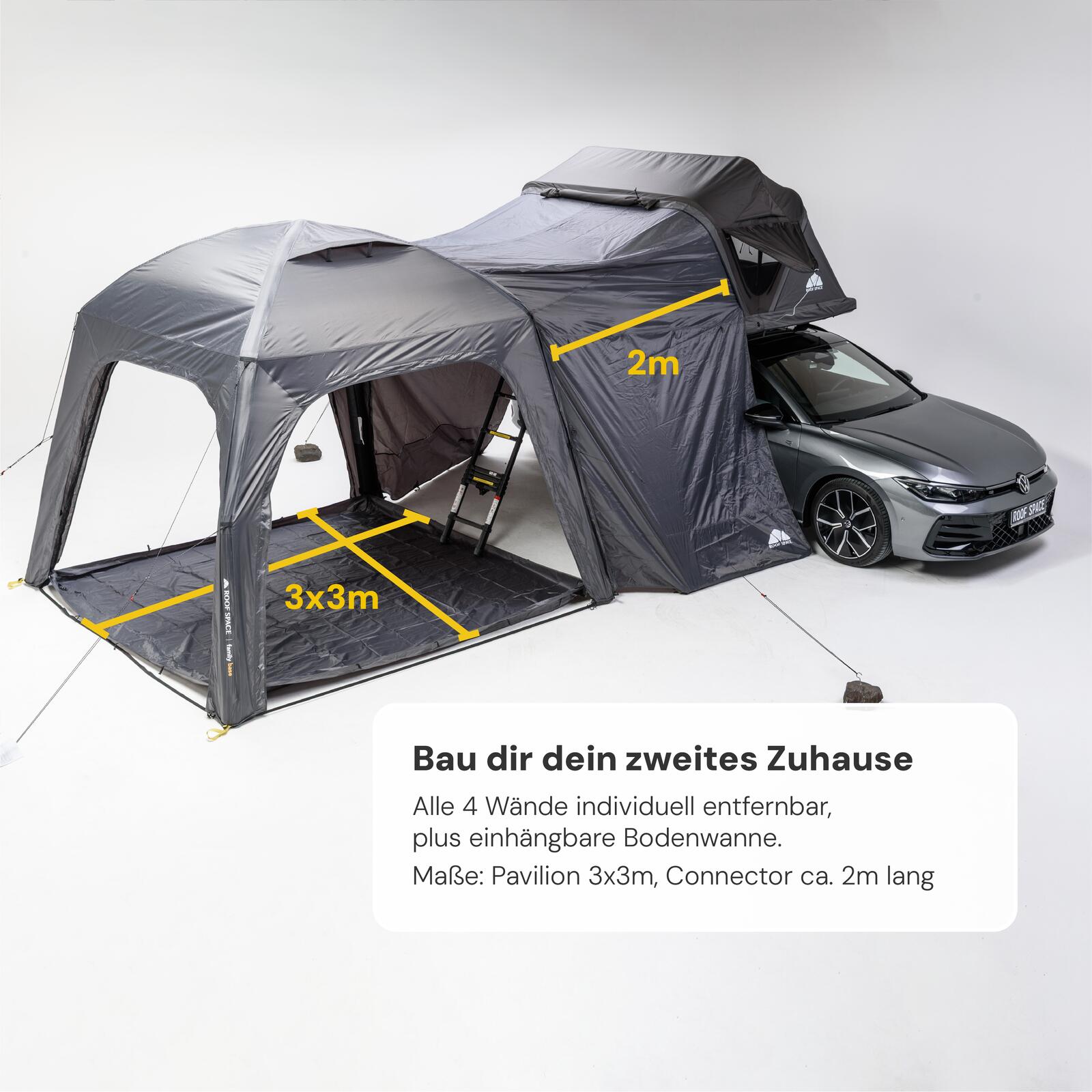 Abmessungen des Family Base Pavillons mit 3x3 Metern Grundfläche und einem 2 Meter Connector.