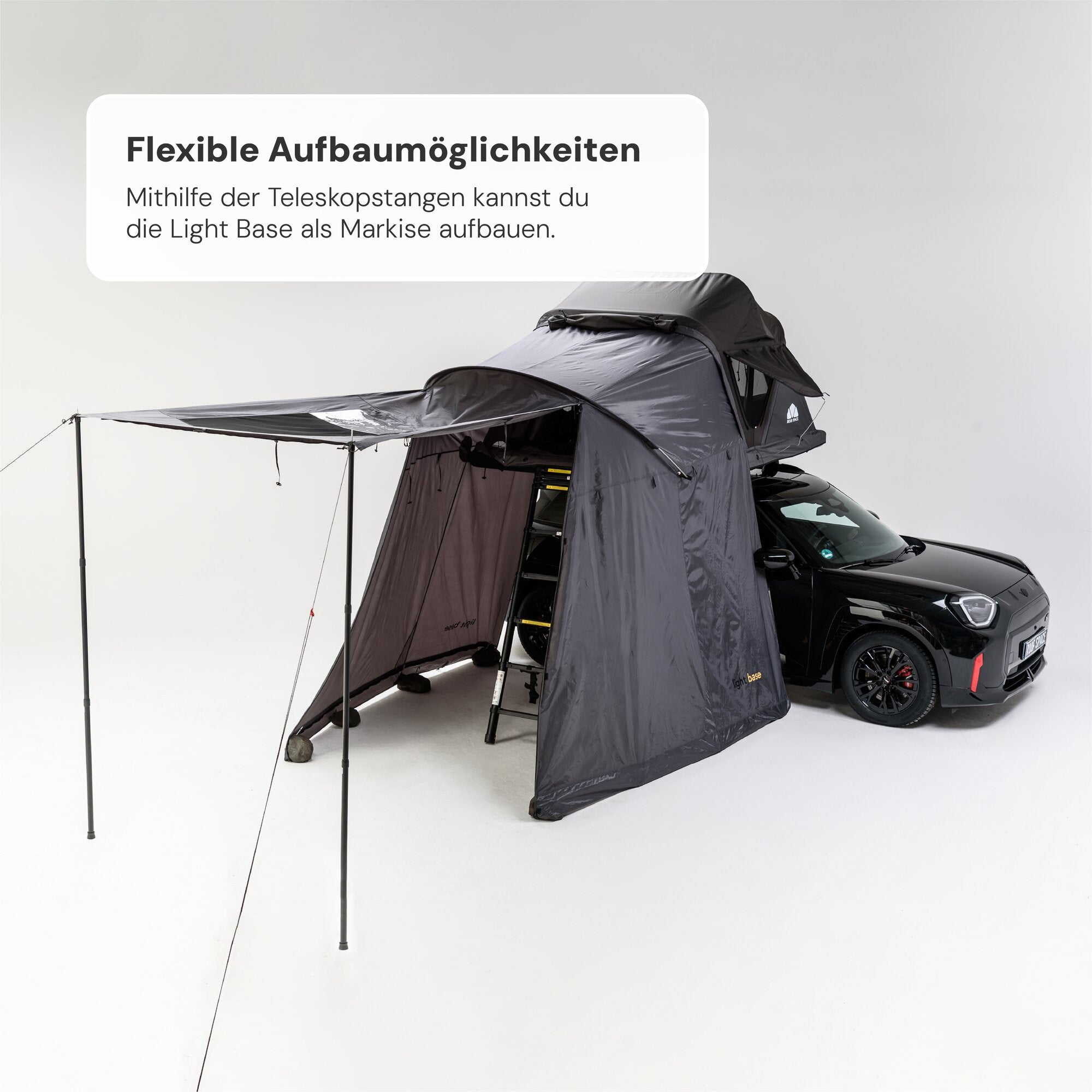 Light Base Vorzelt mit flexiblen Aufbaumöglichkeiten und anpassbaren Teleskopstangen am Dachzelt.