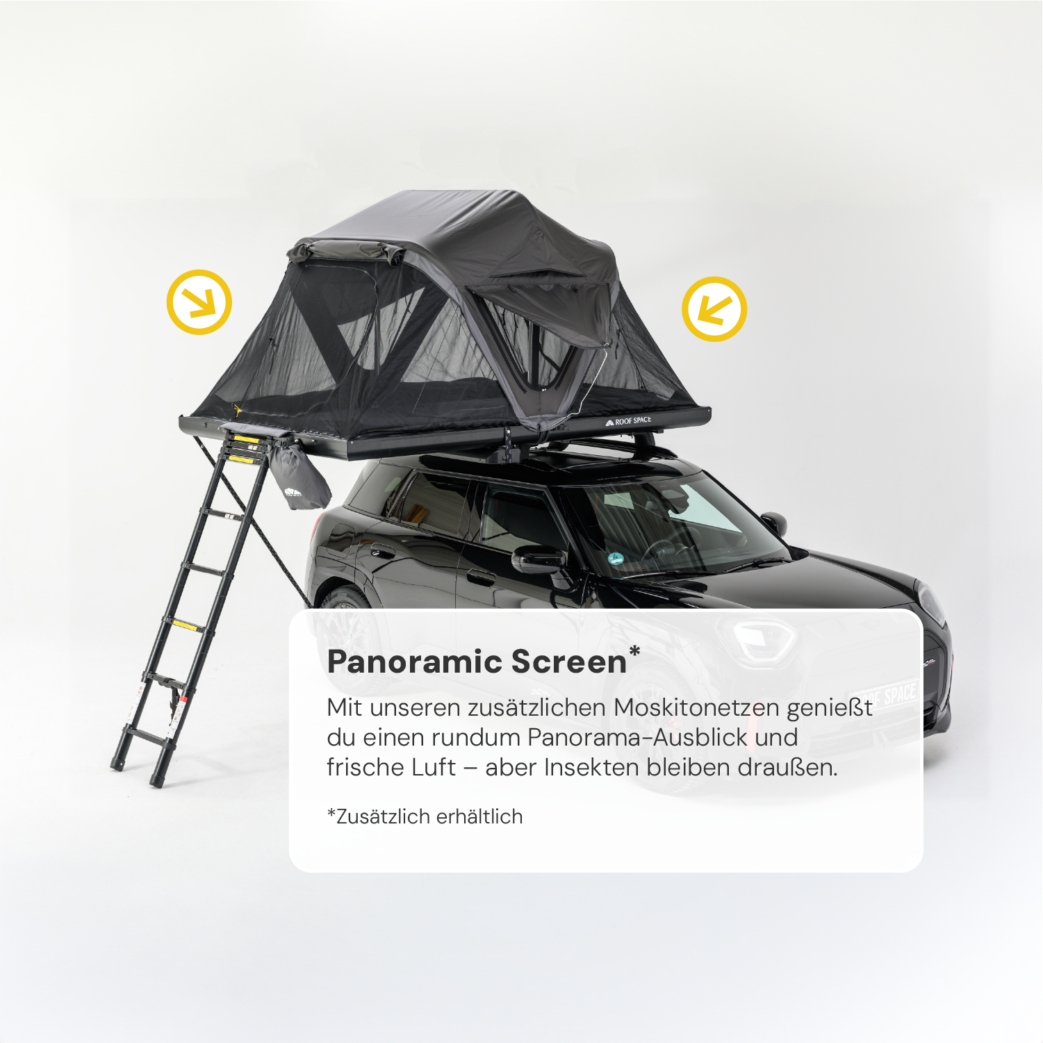 Ein schwarzes Auto mit Dachzelt und Leiter vor weißem Hintergrund. Text im Vordergrund: "Panoramic Screen". Gelbe Pfeile deuten auf das Moskitonetz.