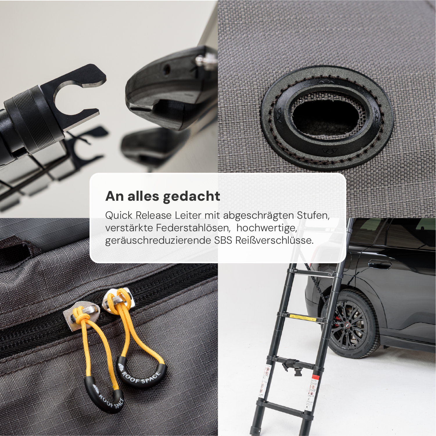 Nahaufnahme von vier Produktbereichen: Leiterbefestigung, Öse, Reißverschlüsse mit Aufschrift "ROOF SPACE", ausgezogene Leiter neben einem Auto. Text: "An alles gedacht".