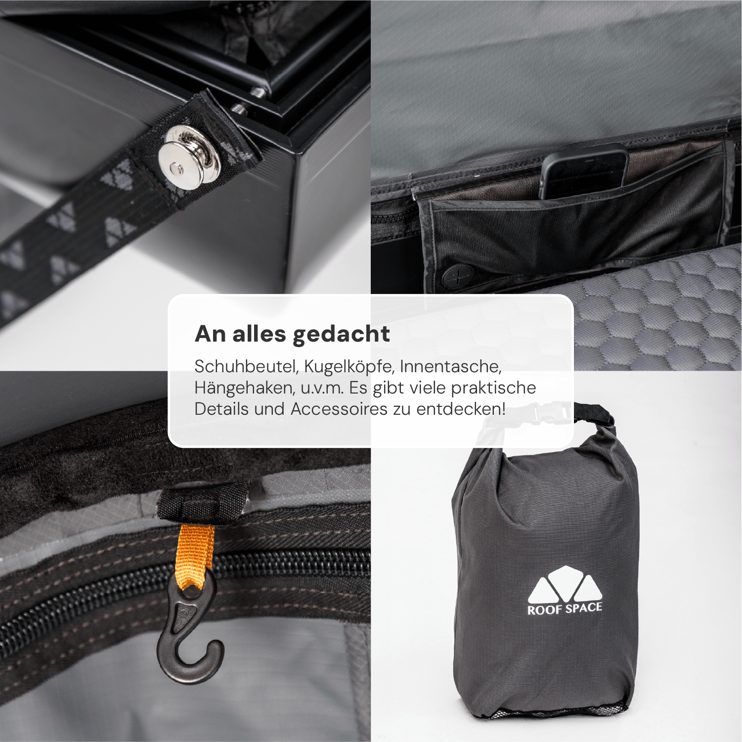 Nahaufnahme von Campingausrüstung: Taschen, Haken, Knöpfe und eine Tasche mit "ROOF SPACE" Logo, hervorgehoben durch Text "An alles gedacht".