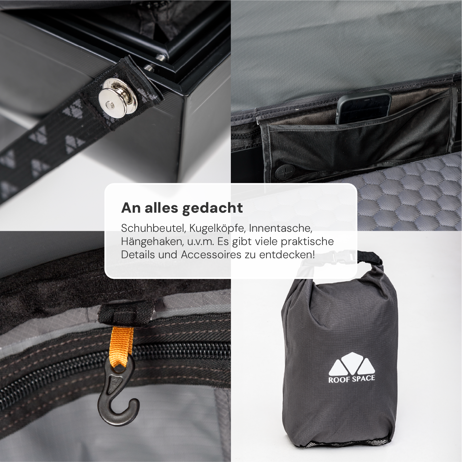 Nahaufnahme von Campingausrüstung: Taschen, Haken, Knöpfe und eine Tasche mit "ROOF SPACE" Logo, hervorgehoben durch Text "An alles gedacht".