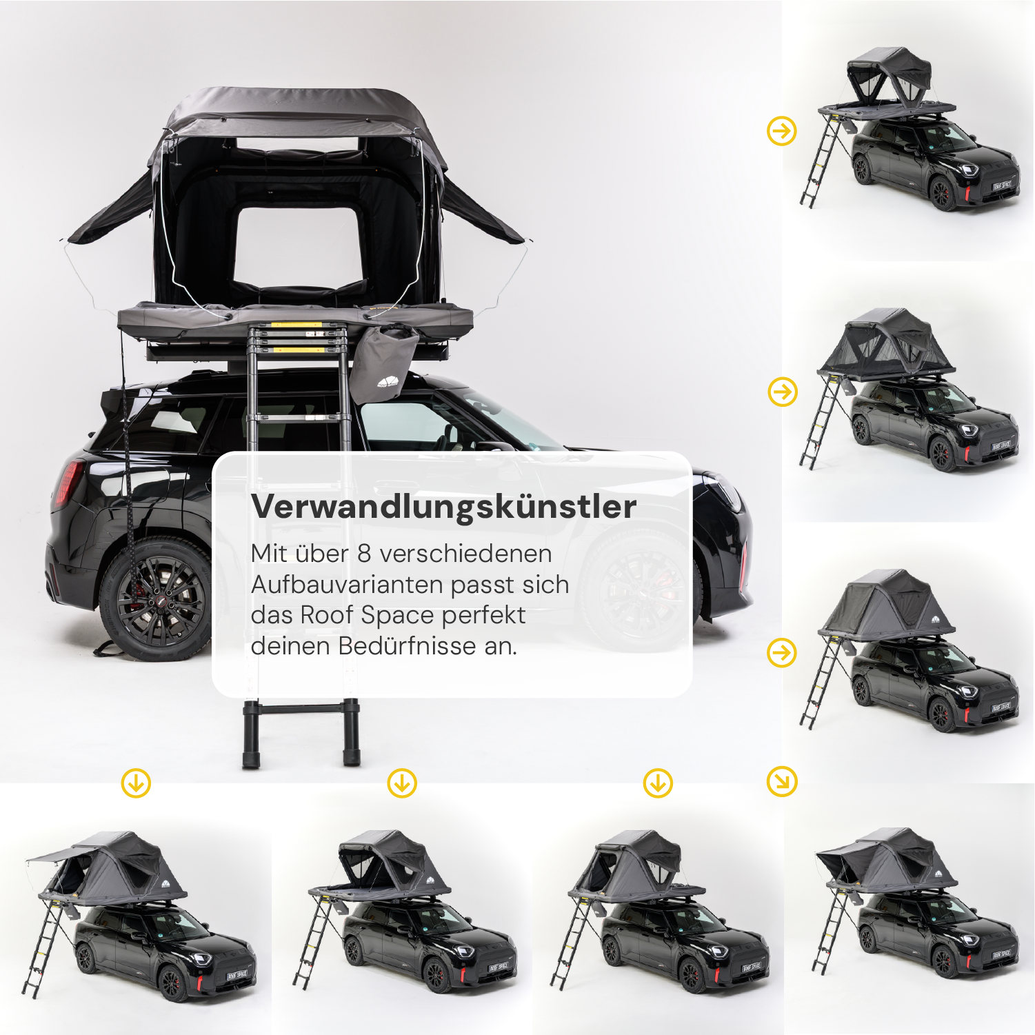 Ein schwarzer Mini Cooper mit einem grauen Dachzelt in verschiedenen Aufbauvarianten vor weißem Hintergrund. Text: "Verwandlungskünstler. Mit über 8 verschiedenen Aufbauvarianten..."