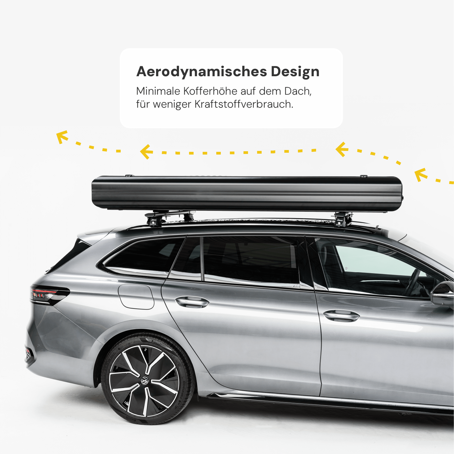Ein silberner Kombi mit einer schwarzen Dachbox vor einem weißen Hintergrund. Textfeld: "Aerodynamisches Design. Minimale Kofferhöhe auf dem Dach, für weniger Kraftstoffverbrauch".