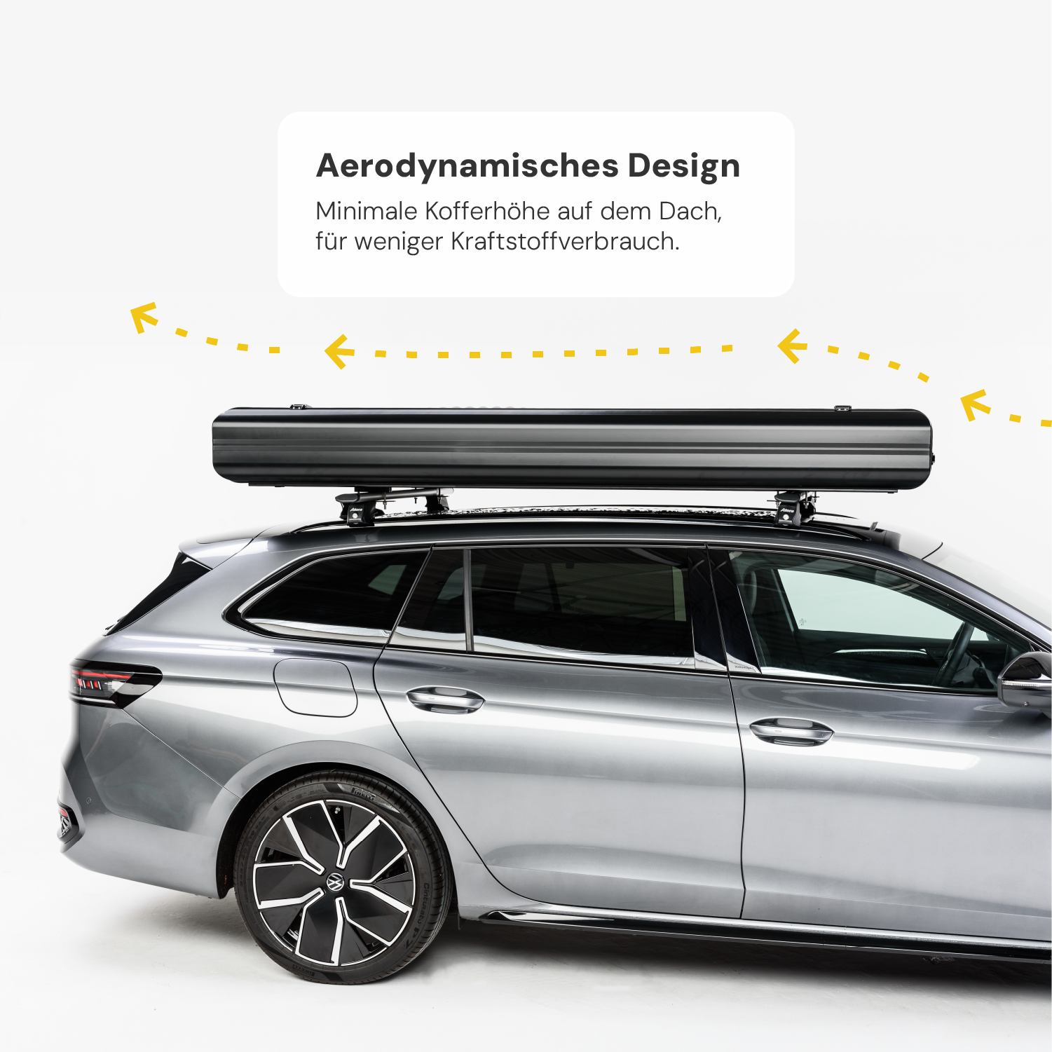 Ein silberner Kombi mit einer schwarzen Dachbox vor einem weißen Hintergrund. Textfeld: "Aerodynamisches Design. Minimale Kofferhöhe auf dem Dach, für weniger Kraftstoffverbrauch".