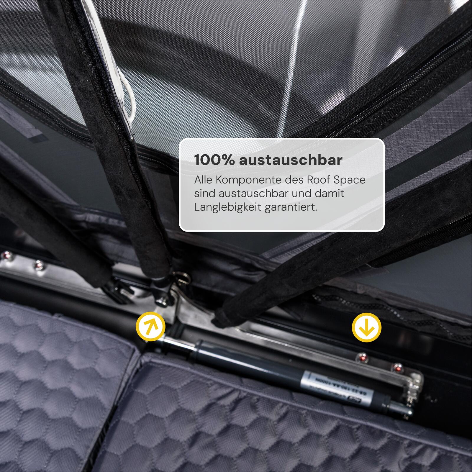 Detailansicht der Gasdruckfedern im Roof Space Dachzelt - alle Komponenten sind zu 100% austauschbar.