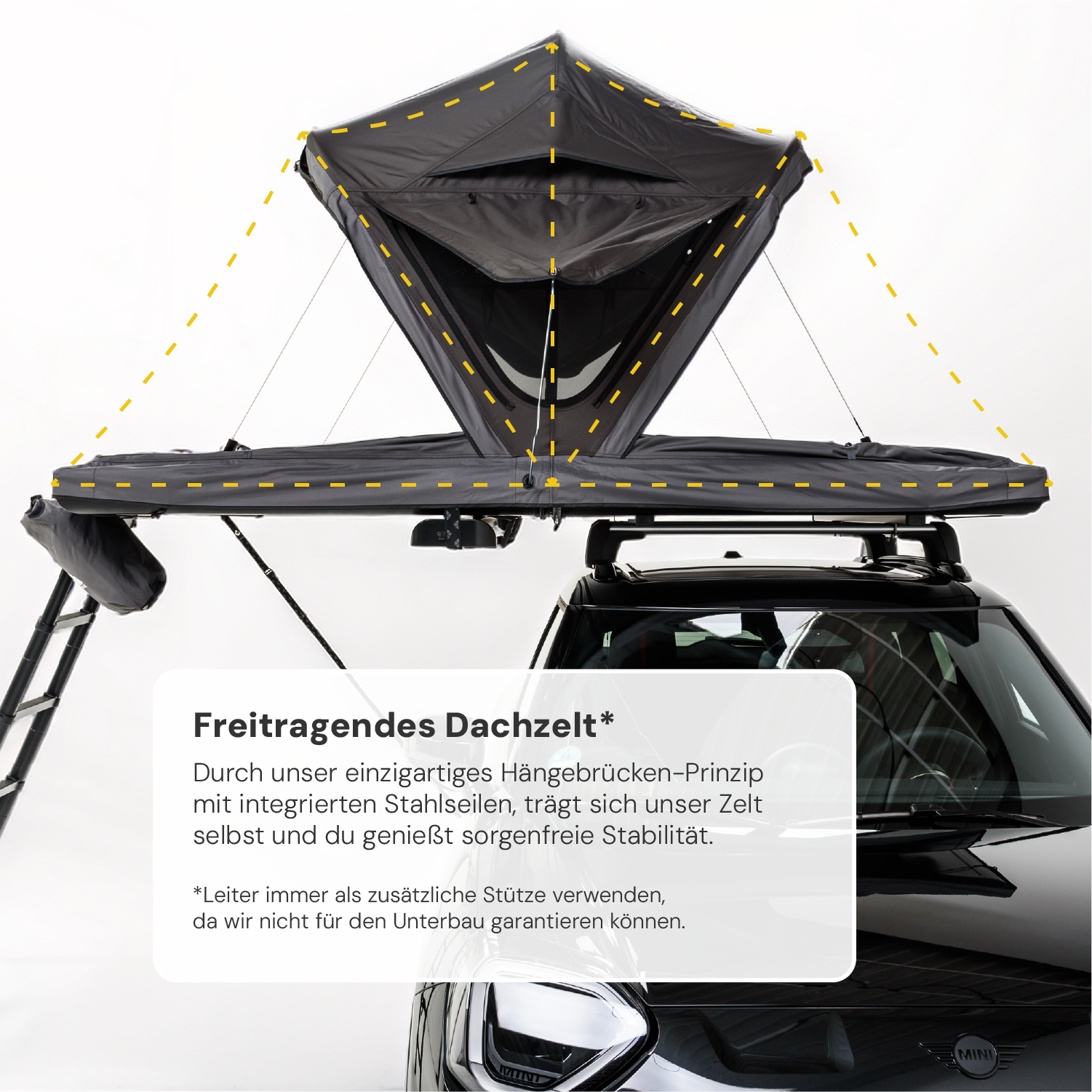 Ein graues Dachzelt mit gelben Umrissen auf einem schwarzen Mini Cooper vor weißem Hintergrund. Text: "Freitragendes Dachzelt".