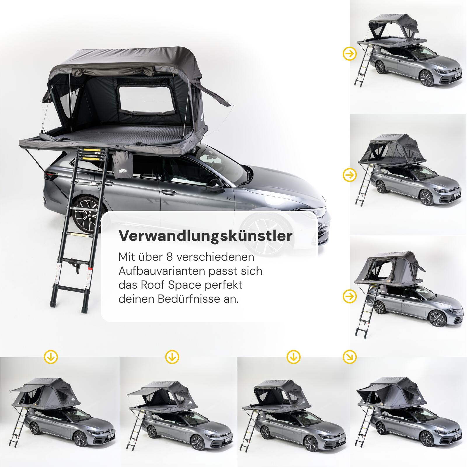 Vielseitiges Familien-Dachzelt: Das geräumige Roof Space 4 für 4 bis 5 Personen in unterschiedlichen, flexiblen Aufbau- und Öffnungsoptionen. Ein echter Verwandlungskünstler