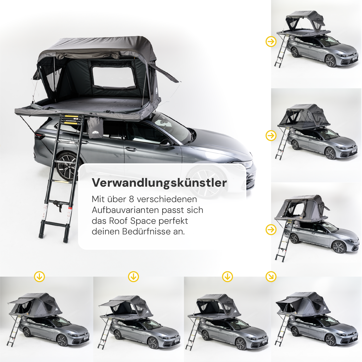 Graues Auto mit montiertem Dachzelt und Leiter. Mehrere Ansichten des Zeltaufbaus. Text: "Verwandlungskünstler. Mit über 8 verschiedenen Aufbauvarianten..." Helle, produktfotografische Atmosphäre.