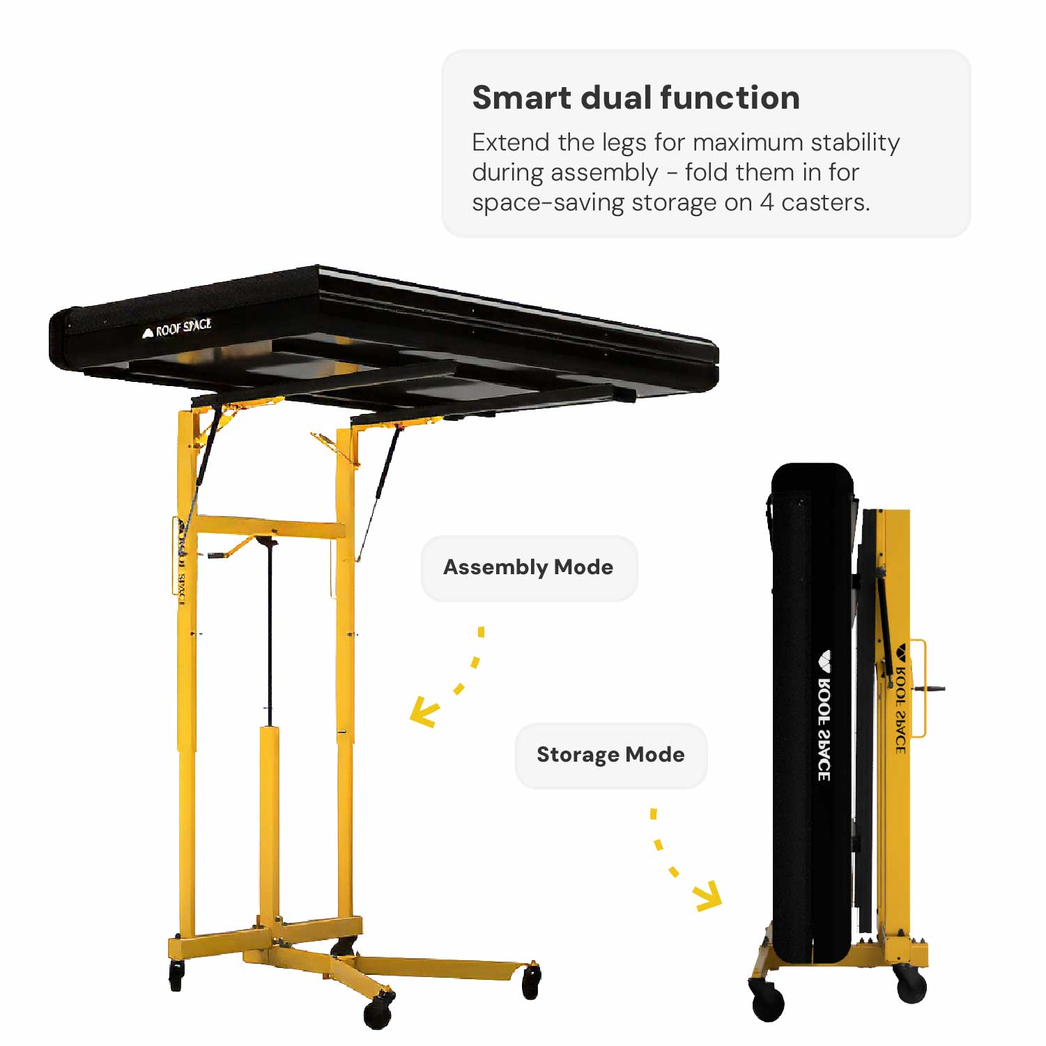 Roof Space roof tent lift in mounting position with legs extended, and in folded storage position on four casters.