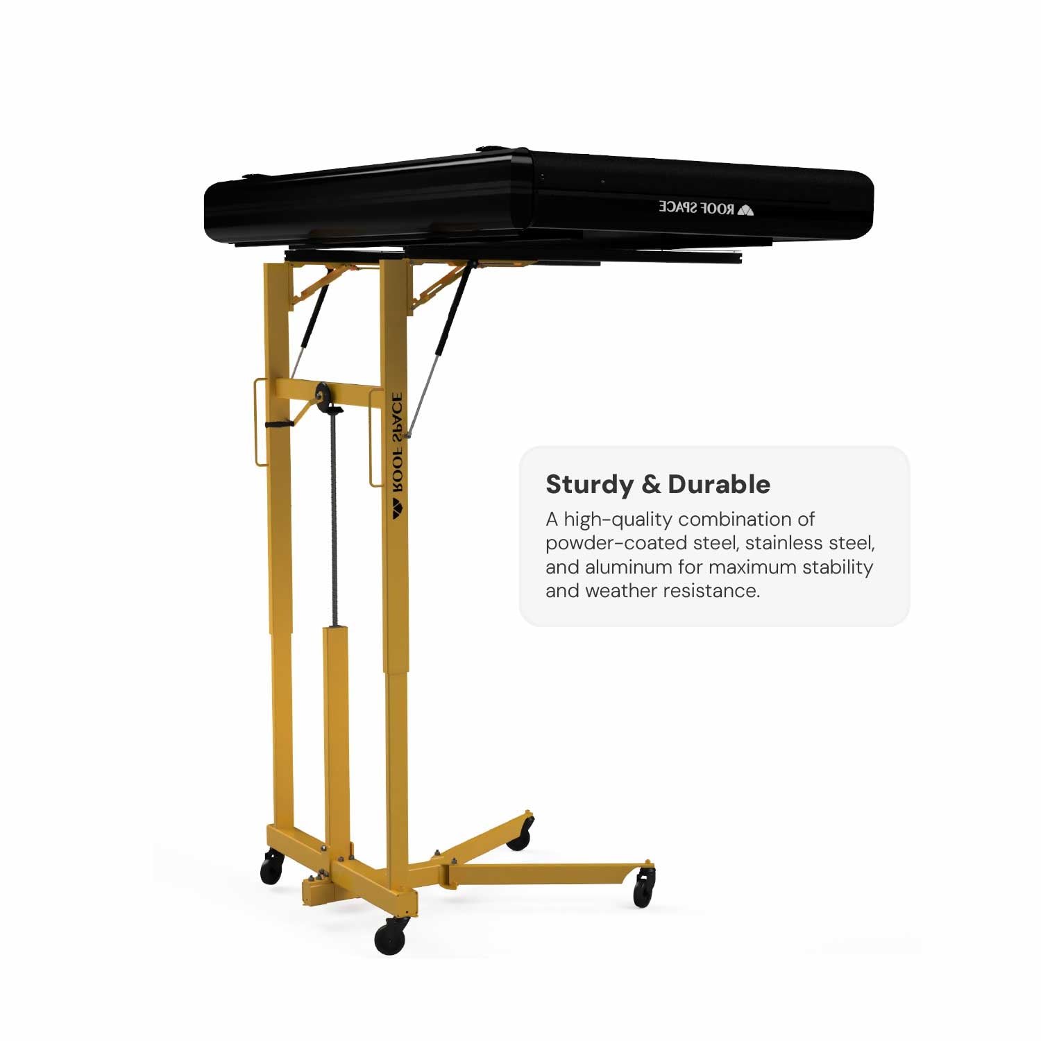 Sturdy frame for the roof tent lift, made from a high-quality material mix of powder-coated steel, stainless steel, and aluminum.
