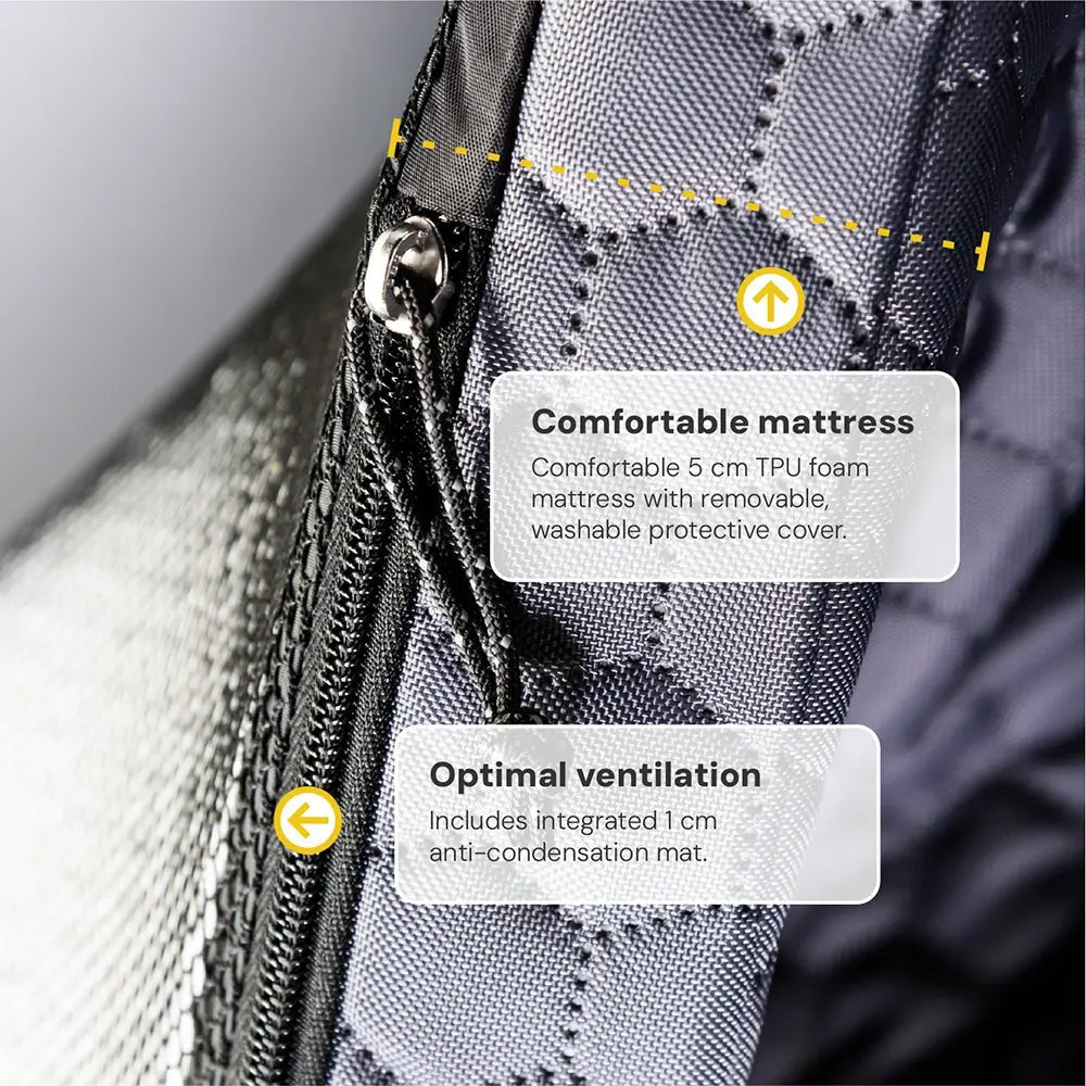 Breathable sleeping system in the roof space: close-up of the mattress with an integrated mesh underlay for perfect ventilation while camping.