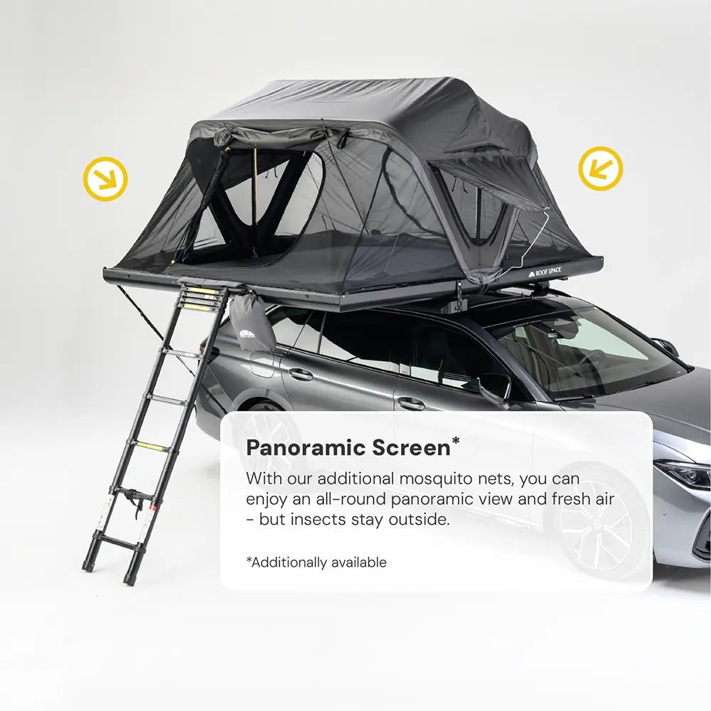 A grey rooftop tent on a car, with a ladder; the text "Panoramic Screen* Enjoy an all-round panoramic view with our additional mosquito nets..." is visible.