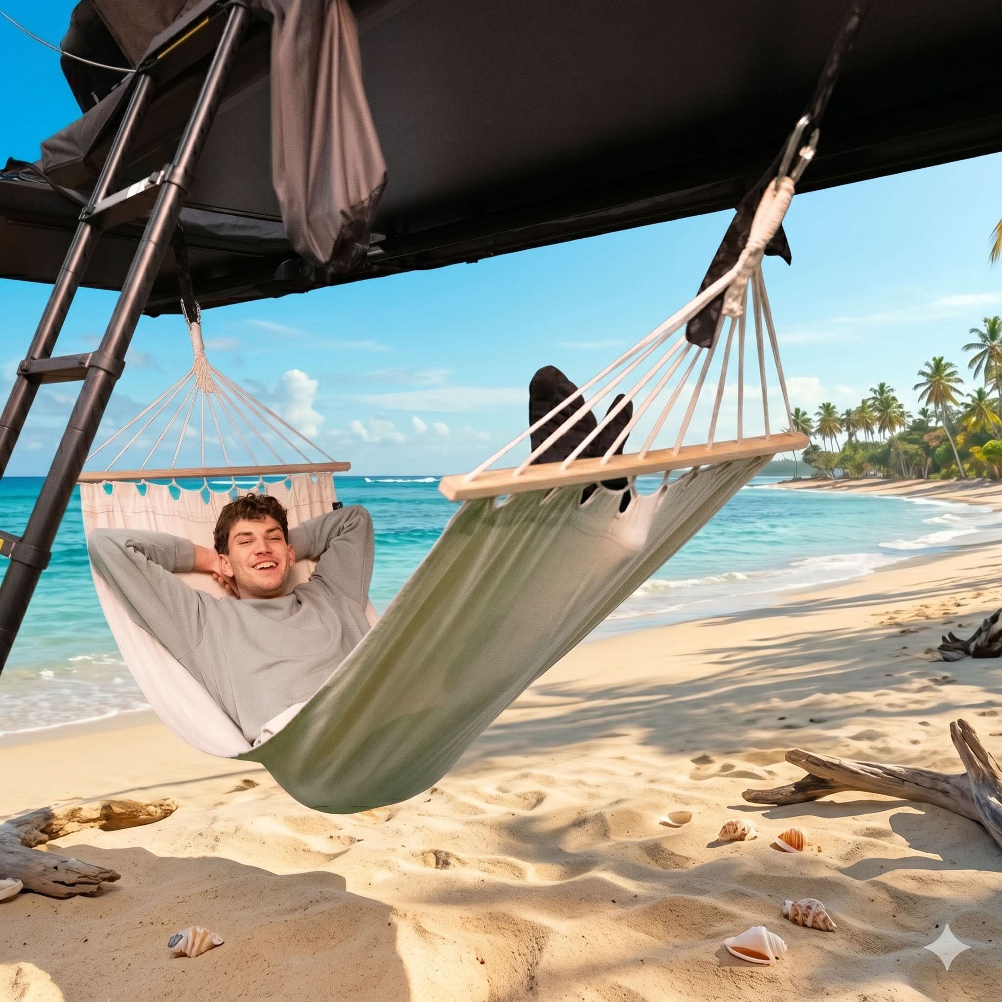 Eine Person am Strand in der neuen Roof Space Hängematte. Die Hängematte ist mit speziellem Befestigungsmaterial direkt am Zelt befestigt.