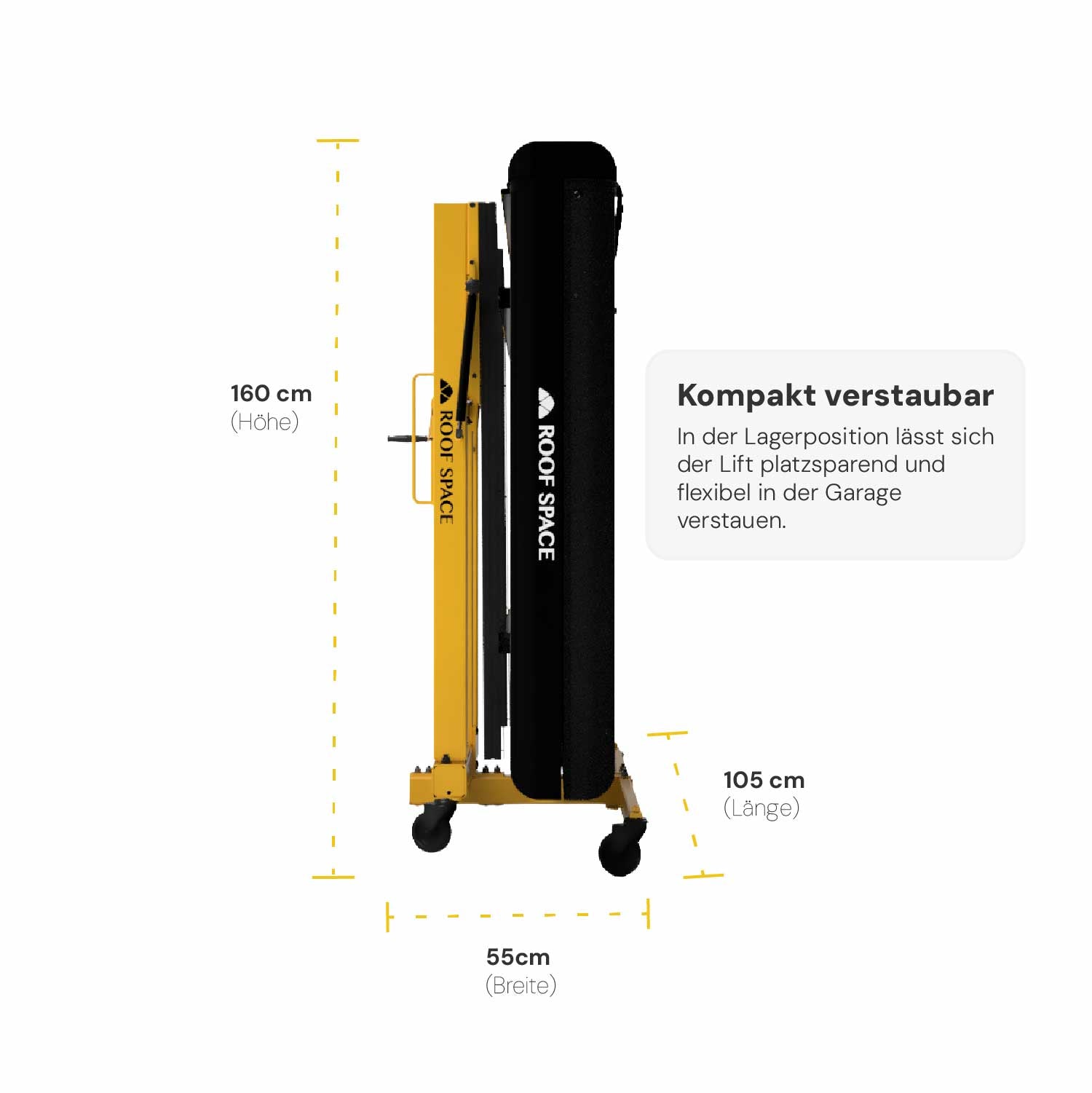 Der Dachzeltlift von Roof Space lässt sich kompakt verstauen. Maße in etwa: 160cm Höhe x 105cm Länge x 55cm Breite