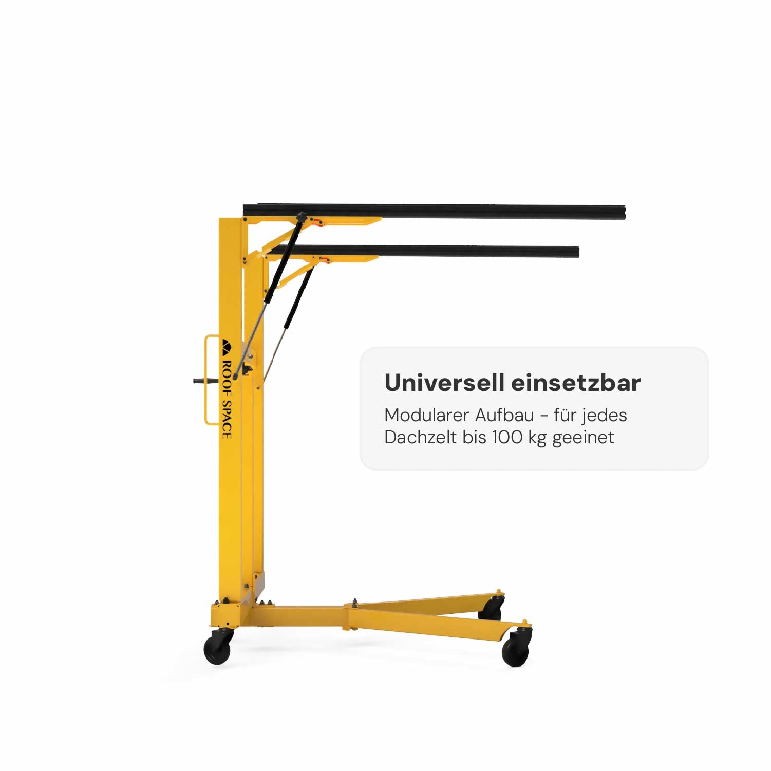 Der Dachzelt-Lift in der Position direkt nach dem Ausklappen der Standbeine und  aufgeklappten Armen, ohne Dachzelt.