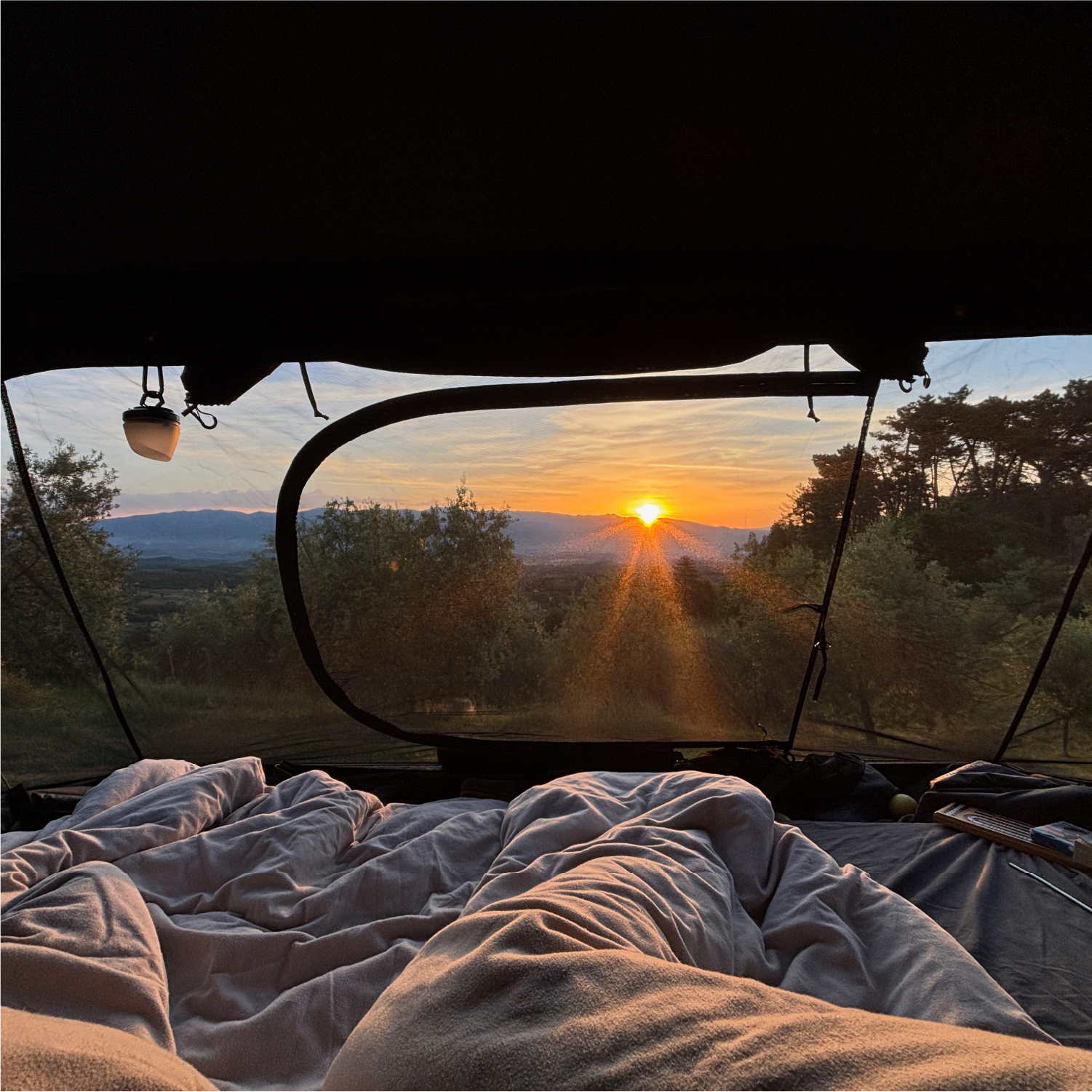 Blick aus einem Zelt auf einen Sonnenaufgang über einer bewaldeten Landschaft. Betten im Vordergrund, warme Farben, ruhige Atmosphäre.