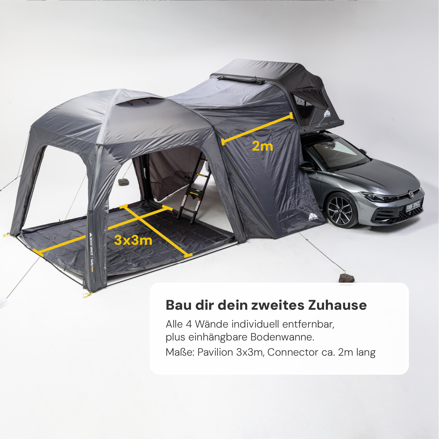 Ein graues Auto mit Dachzelt, verbunden mit einem 3x3m grauen Pavillon. Gelbe Markierungen zeigen die Maße. Text: "Bau dir dein zweites Zuhause".