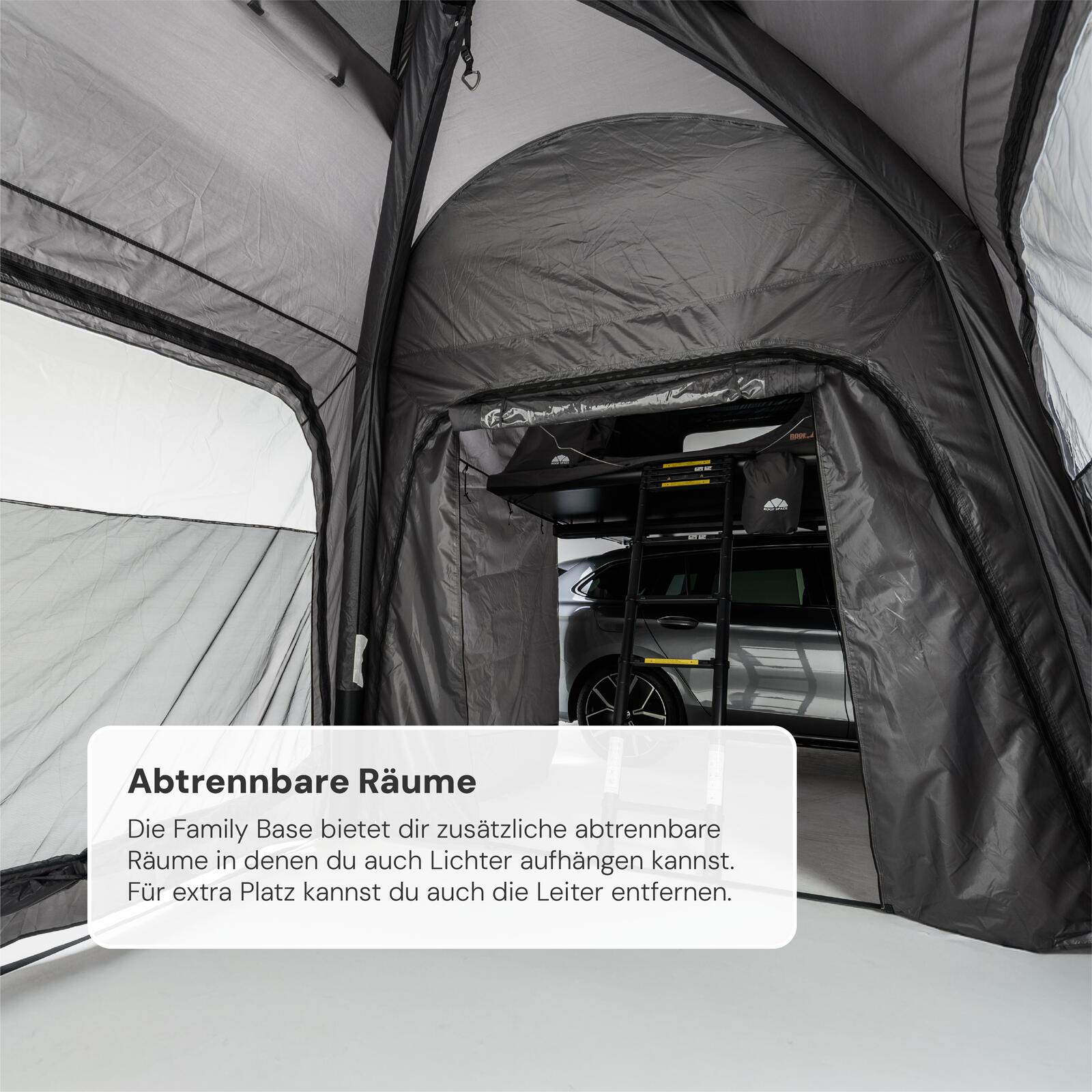 Family Base Pavillon und Dachzelt mit separat schließbaren Bereichen für flexibel abtrennbare Räume beim Camping.