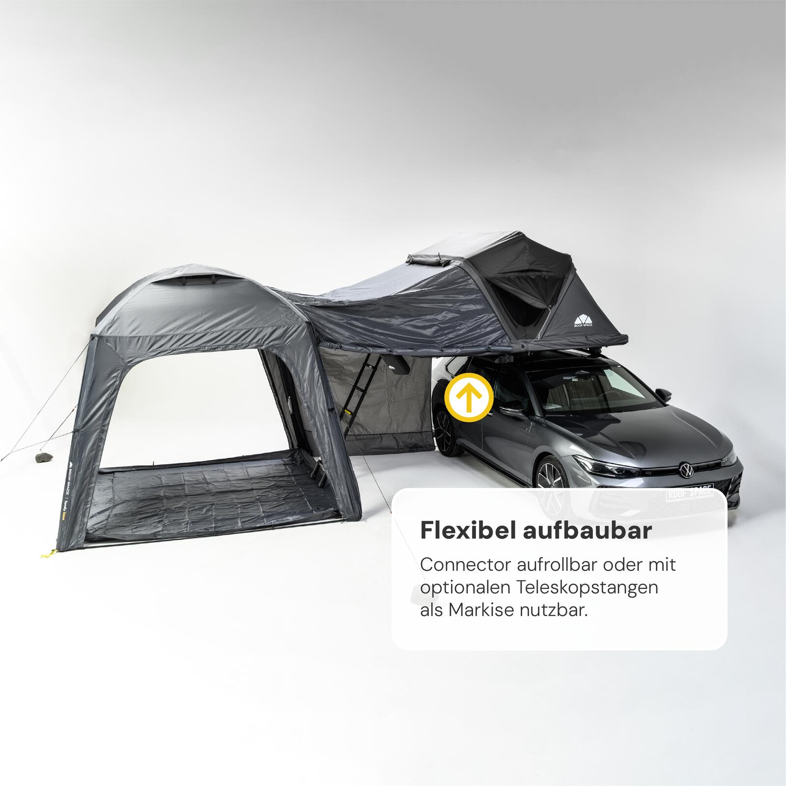 Vielseitig nutzbarer Family Base Pavillon dank flexibler Aufbauoptionen als freistehendes Zelt oder mit Fahrzeug-Anbindung.