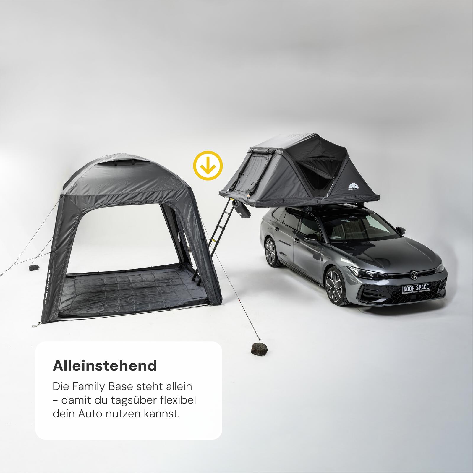 Freistehendes Family Base Campingzelt – der Aufbau ist komplett alleinstehend und ohne Auto möglich.