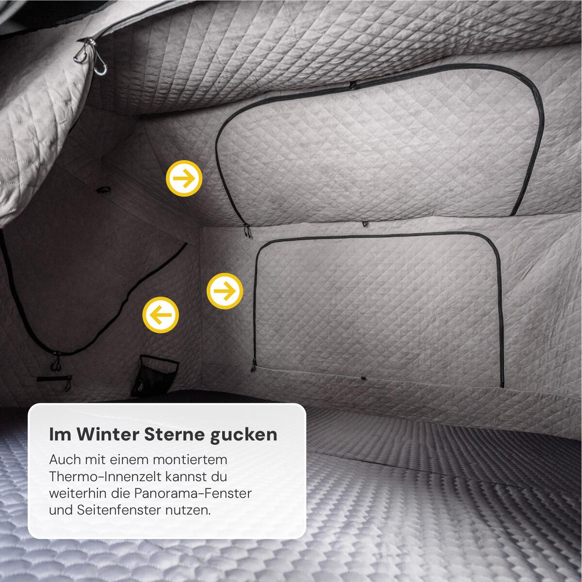 Innenansicht eines grauen Zeltes mit gesteppter Innenausstattung und schwarzen Fensterrahmen; Text "Im Winter Sterne gucken" unten links.
