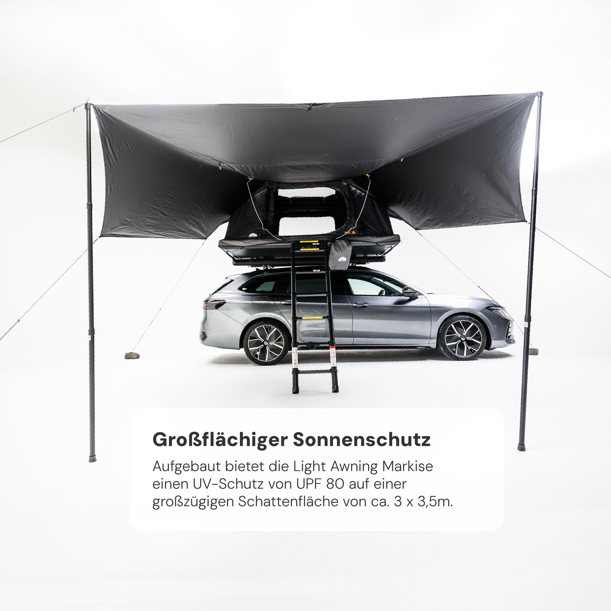 Großes Sonnensegel beim Camping: Die Light Awning bietet ca. 3x3,5 m Schatten direkt neben dem Auto.