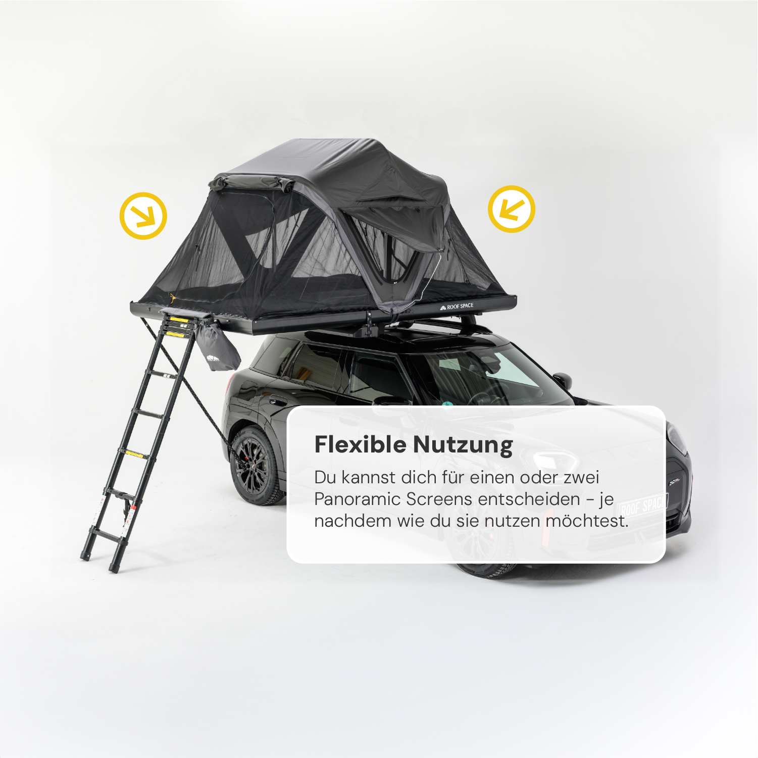 Schwarzes Auto mit Dachzelt und Leiter vor weißem Hintergrund, Text "Flexible Nutzung" eingeblendet, gelbe Pfeile links und rechts.