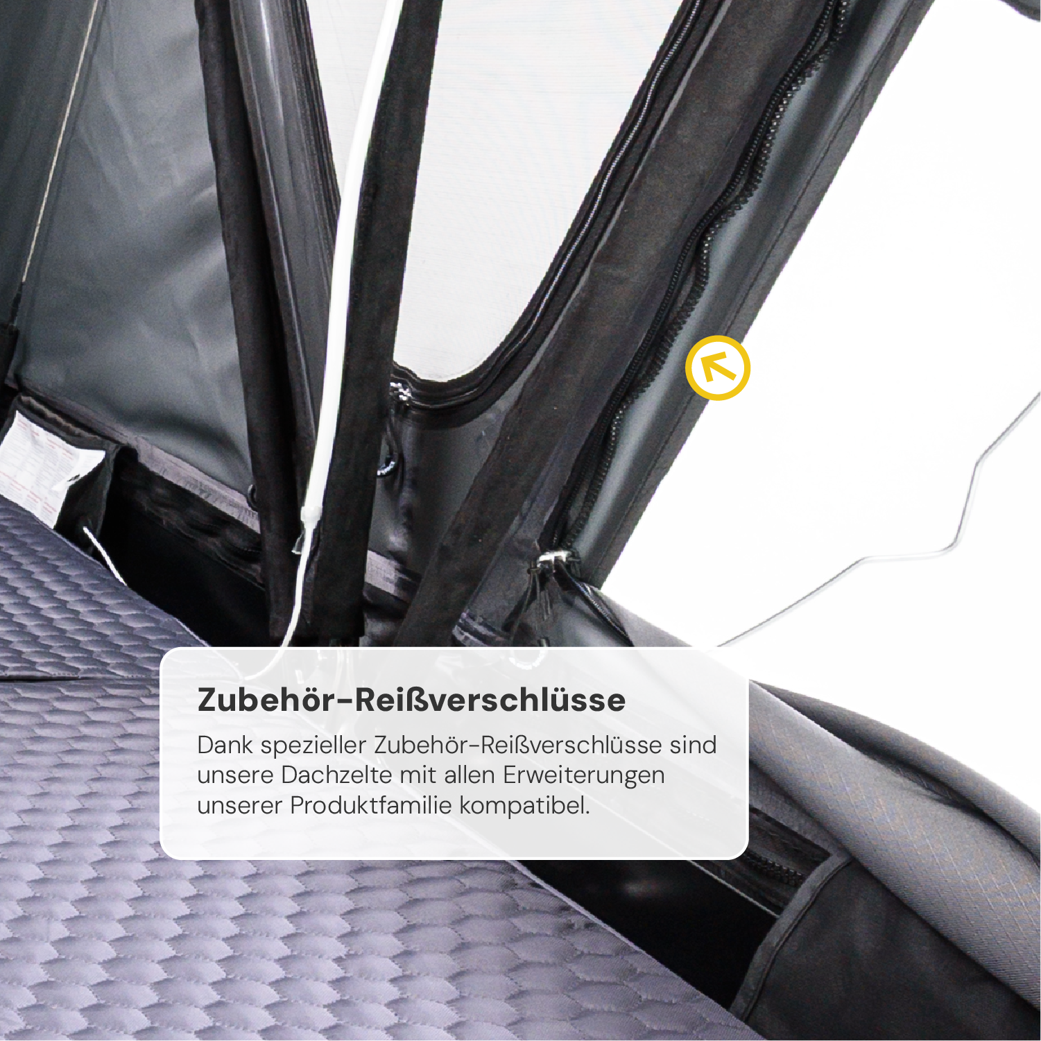 Nahaufnahme eines Dachzeltes mit Reißverschluss, Text "Zubehör-Reißverschlüsse", dunkelgrau, weissliches Fenster im Hintergrund, gelber Pfeil zeigt auf den Reißverschluss.
