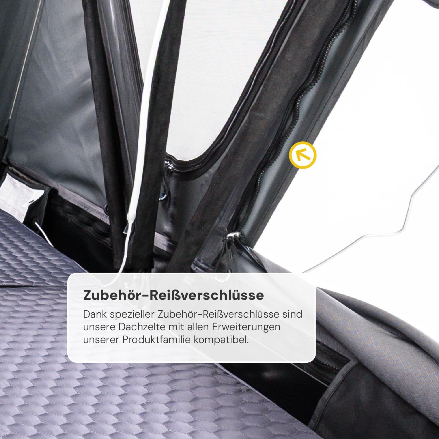 Nahaufnahme eines Dachzeltes mit Reißverschluss, Text "Zubehör-Reißverschlüsse", dunkelgrau, weissliches Fenster im Hintergrund, gelber Pfeil zeigt auf den Reißverschluss.