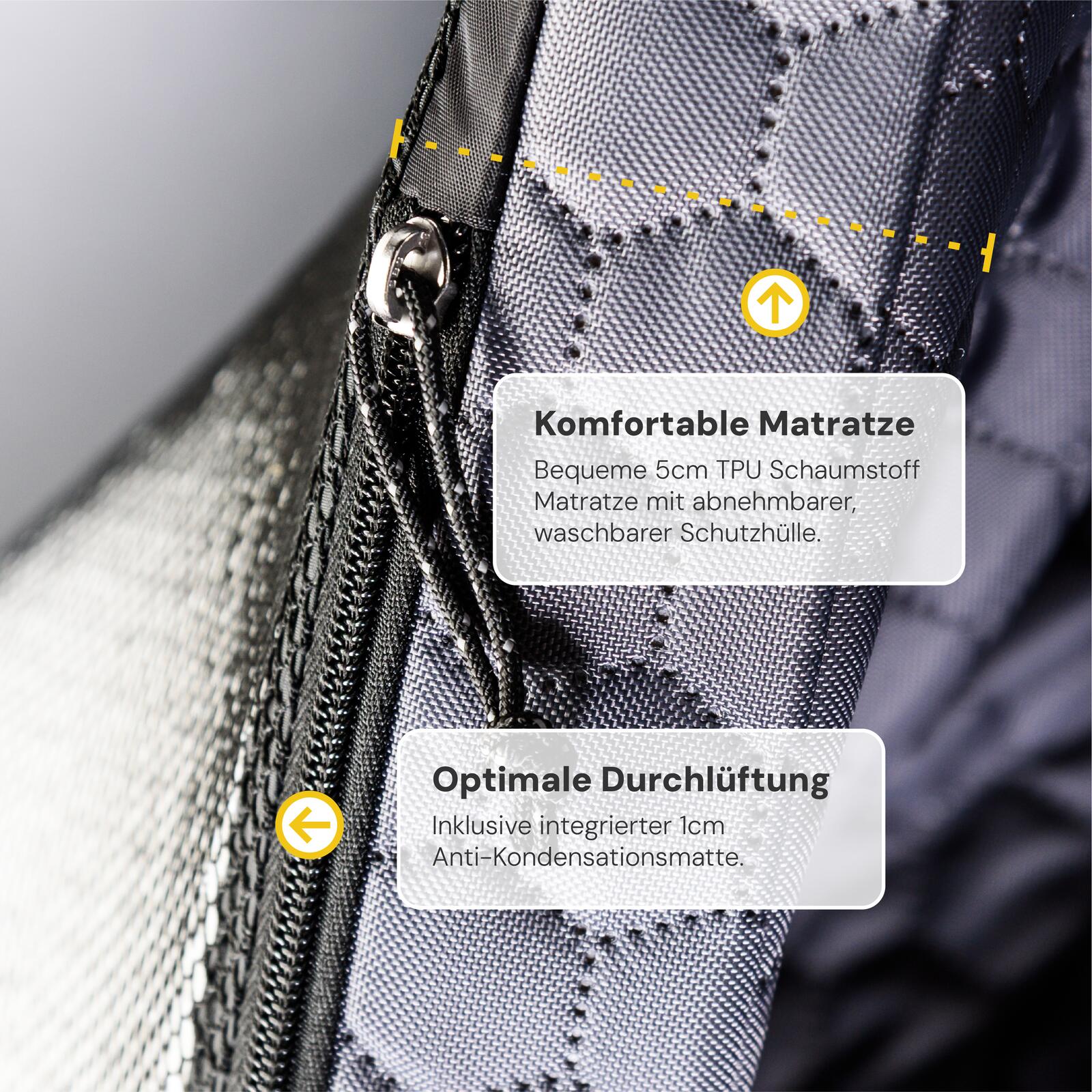 Atmungsaktives Schlafsystem im Roof Space: Detailansicht der Matratze mit integrierter Mesh-Unterlage für perfekte Belüftung beim Camping.