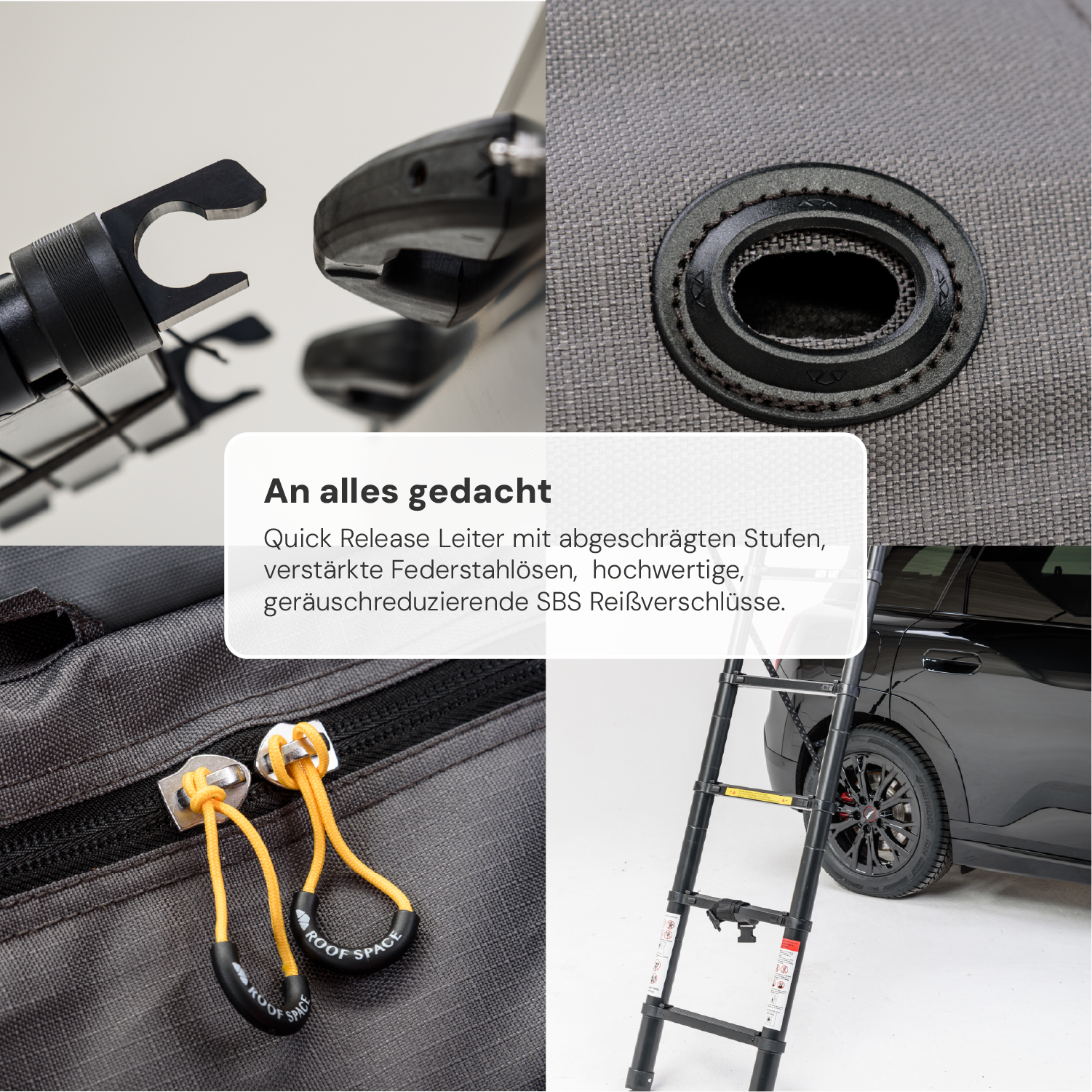 Detailaufnahme eines Roof Space Produkts: Leiterbefestigung, Öse, Reißverschluss und eine Leiter am Auto. Text: "An alles gedacht" und Produktbeschreibung.