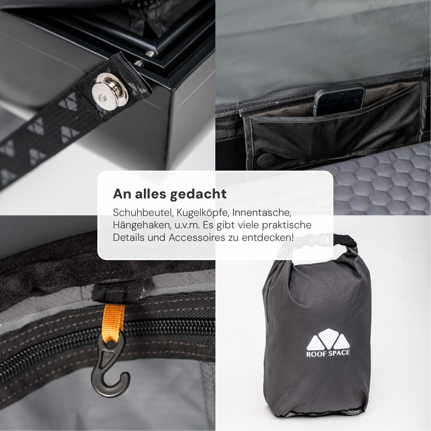 Detailansichten von Zubehör für Dachzelte: Tasche, Innentasche mit Handy, Haken. Text: "An alles gedacht. ROOF SPACE".
