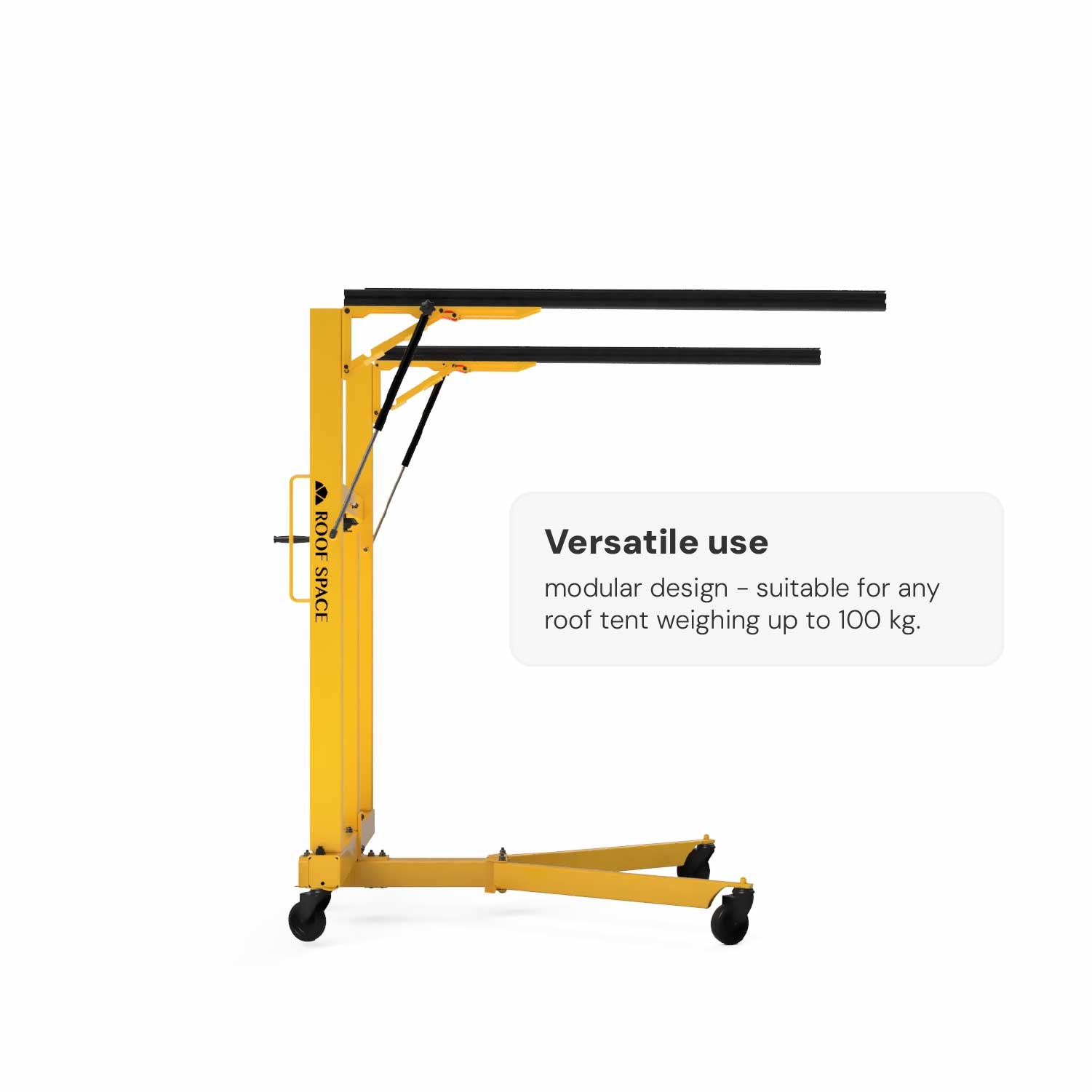 The roof tent lift positioned immediately after the support legs and arms have been unfolded, without the roof tent.