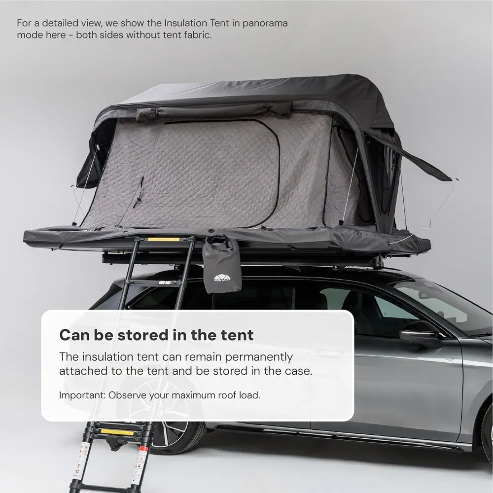 Grey station wagon with a mounted dark grey roof tent; ladder leaning against it. Text box: "Stowable inside the tent," roof load note. Bright, neutral background lighting.