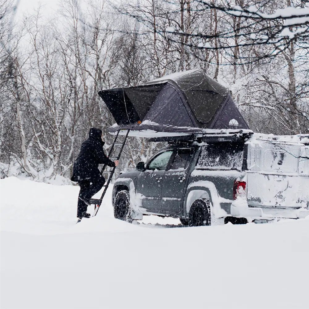 Winter landscape with a snow-covered gray pickup truck; a person is climbing a ladder to the roof-mounted tent. Snowfall, trees in the background.