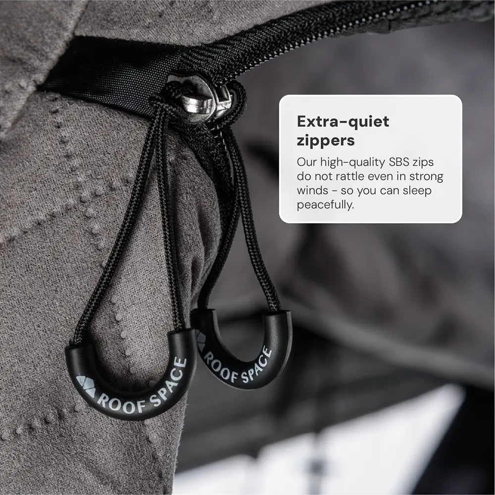 Close-up: Two black zipper pulls with "ROOF SPACE" lettering hanging against grey fabric. Text box on the right: "Extra-quiet zippers".
