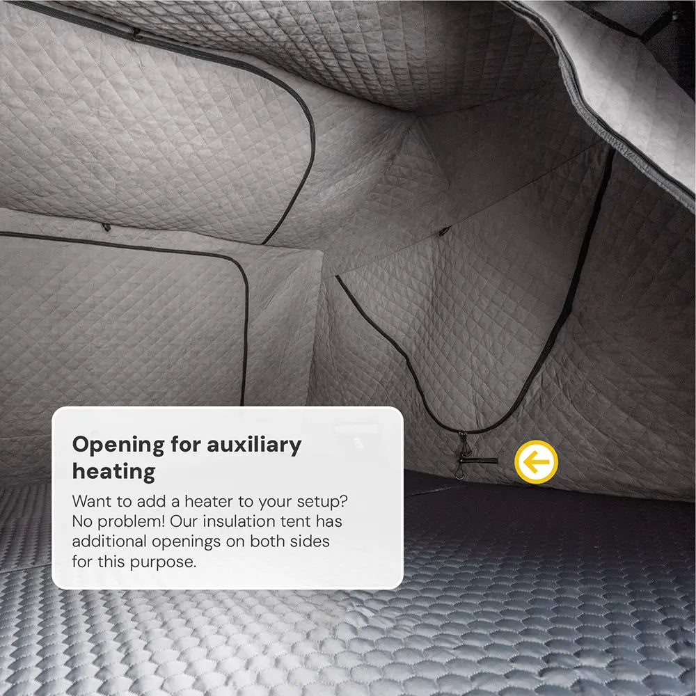 Thermal inner tent for the rooftop tent, featuring quilted fabric. Yellow arrow pointing to an opening for a parking heater duct.
