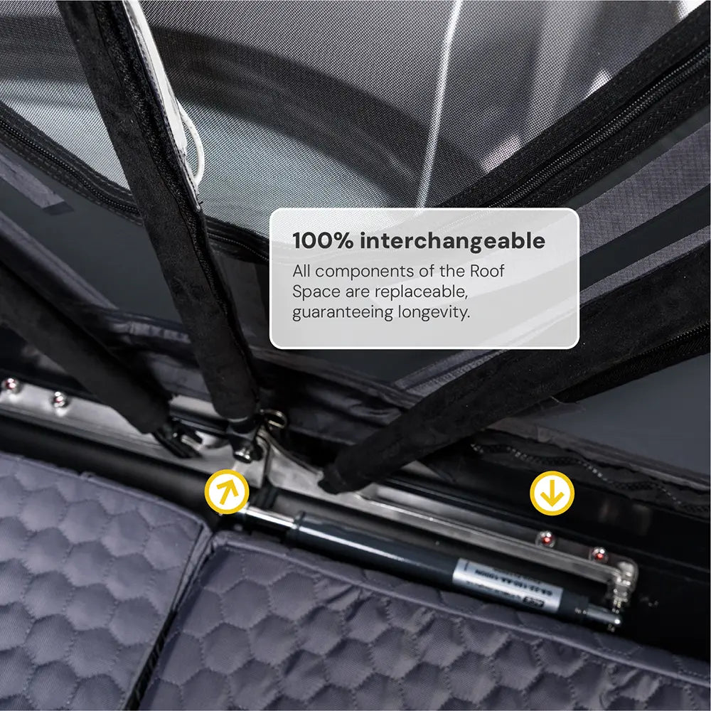 Close-up view of the gas struts in the Roof Space roof tent - all components are 100% replaceable.