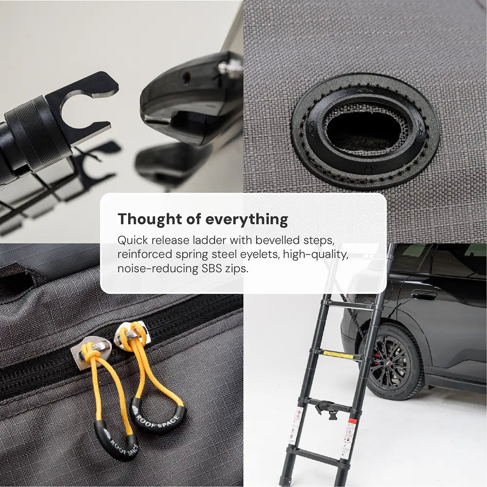 Close-up shot of a Roof Space product: ladder attachment, eyelet, zipper, and a ladder on the car. Text: "Everything considered" and product description.
