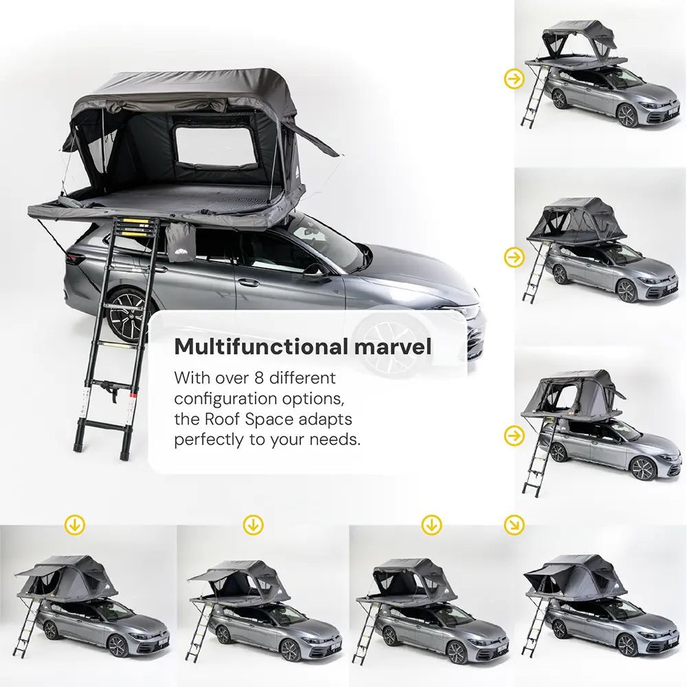 Versatile family roof tent: The spacious Roof Space 4 accommodates 4 to 5 people and offers various flexible setup and opening options. A true master of transformation.