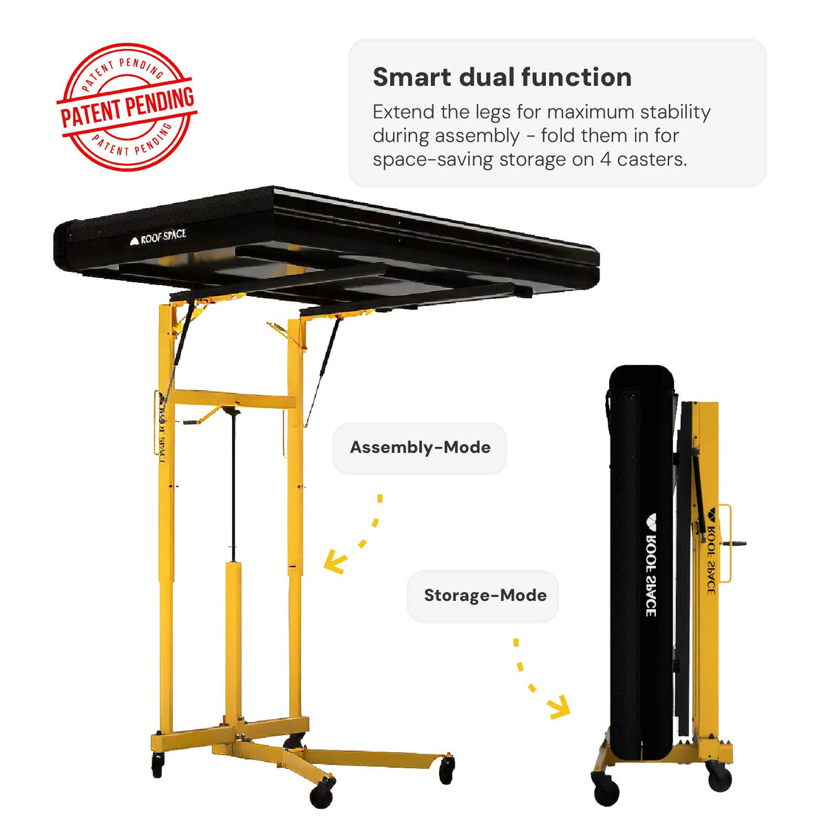 Roof Space roof tent lift in mounting position with legs extended, and in folded storage position on four casters.
