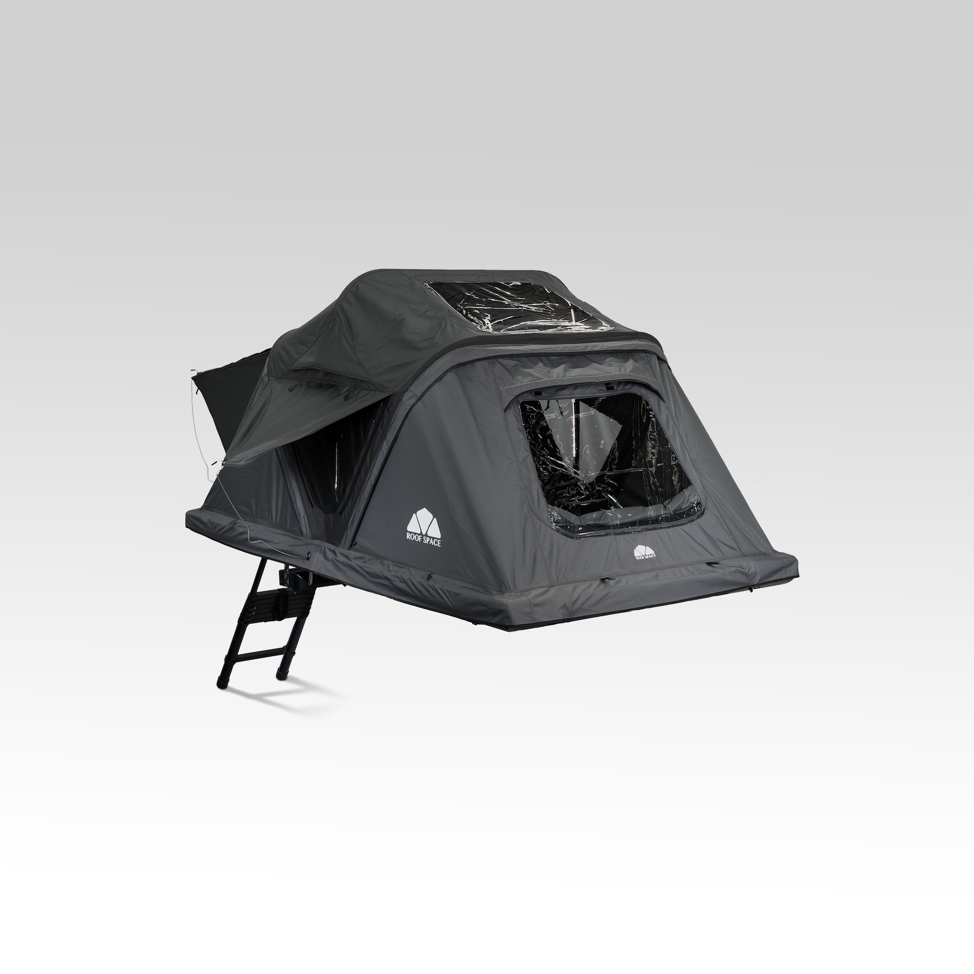 Schwarzes Dachzelt Roof Space 2 mit transparentem Fenster und Leiter