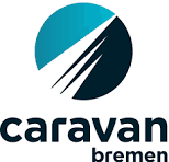 Logo von "Caravan Bremen": Ein blauer Kreis, durchbrochen von weißen Linien, darunter der Schriftzug "caravan bremen" in Blau.
