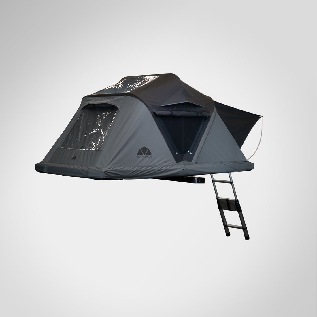 2 Personen Dachzelt Roof Space 2 in Rückansicht mit aufgerolltem Seitenfenster und sichtbaren Panoramafenstern.