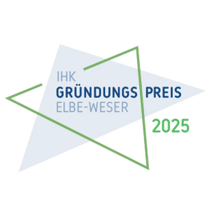 Logo des IHK-Gründungspreises Elbe-Weser 2025: Weißer Stern mit grünem Rahmen, blaue Schriftzüge.