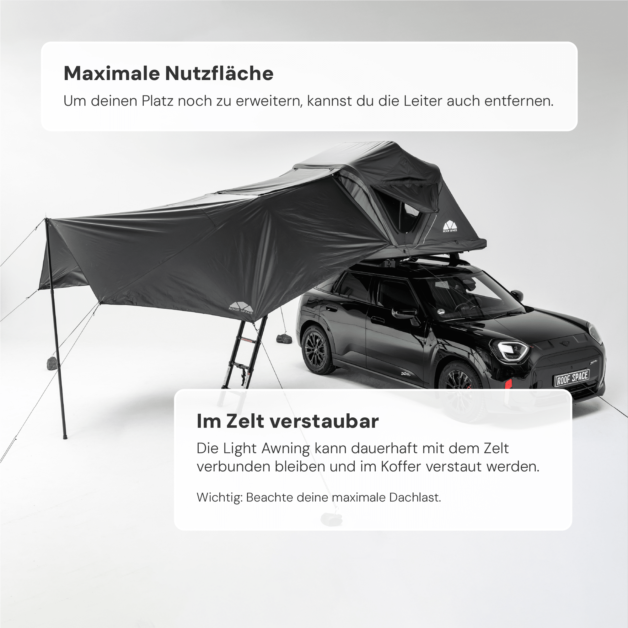 Mehr Freiraum beim Camping: Die abnehmbare Leiter gibt den Platz unter dem Light Awning Sonnensegel komplett frei.